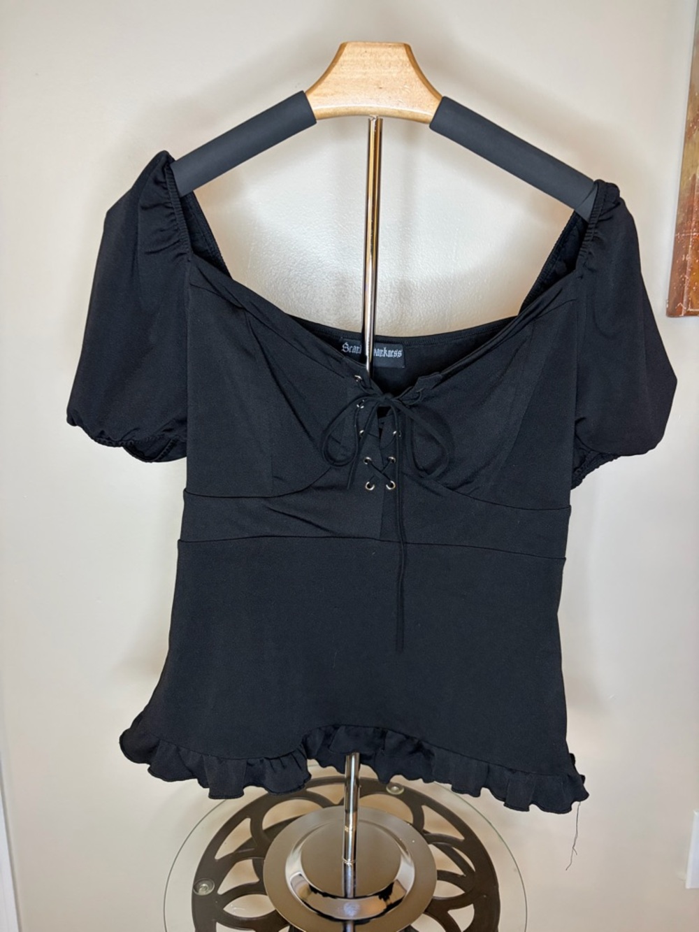 Black Lace-Up Puff Sleeve Blouse